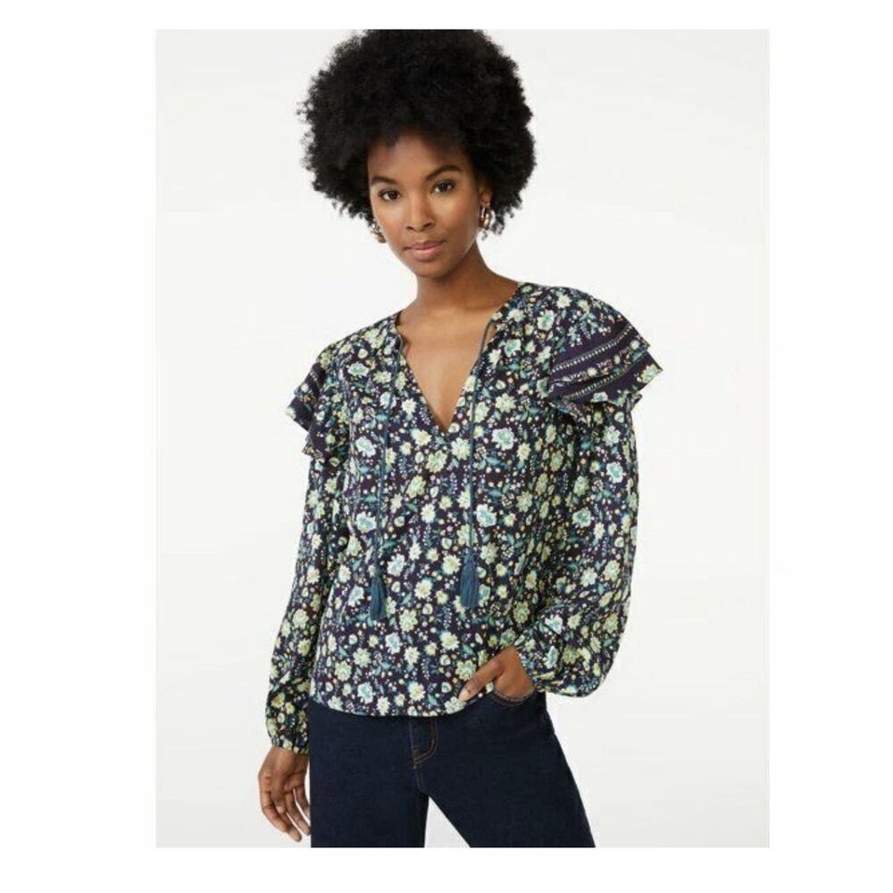 Scoop Women's Ruffle Print Peasant Top, Medium (8-10) NWT Multi Color